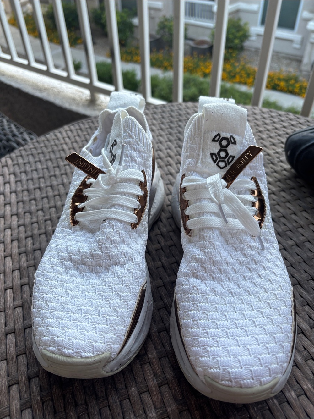 Emporio Armani White Knit Sneakers with Bronze Accents